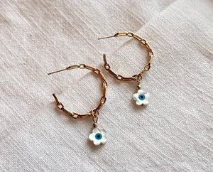 Hoop flower evil eye earrings