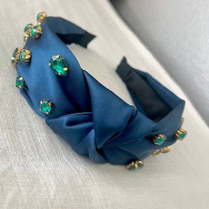 Blue green knot rhinestone headband