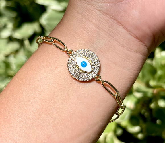 Sparkly white oval evil eye bracelet